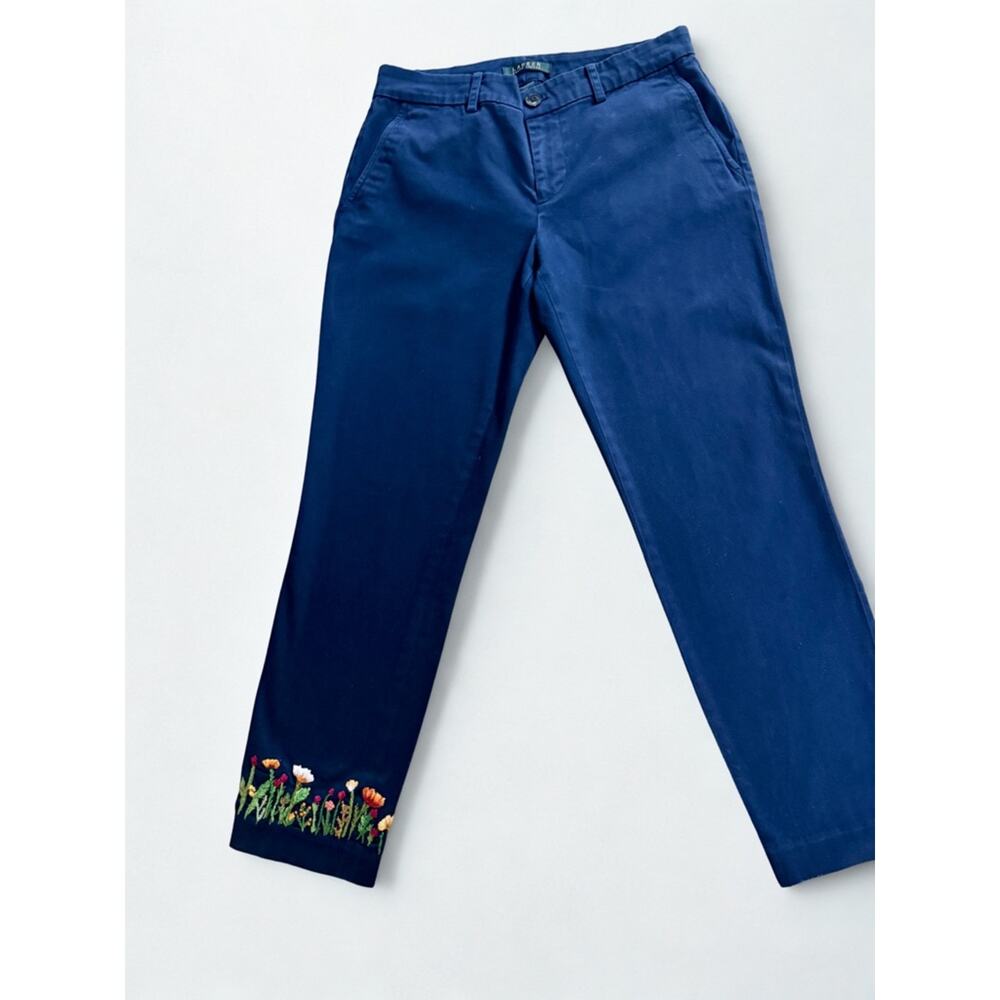 One-of-a-Kind Hand Embroidered Lauren Ralph Lauren Navy Chinos - Size 4